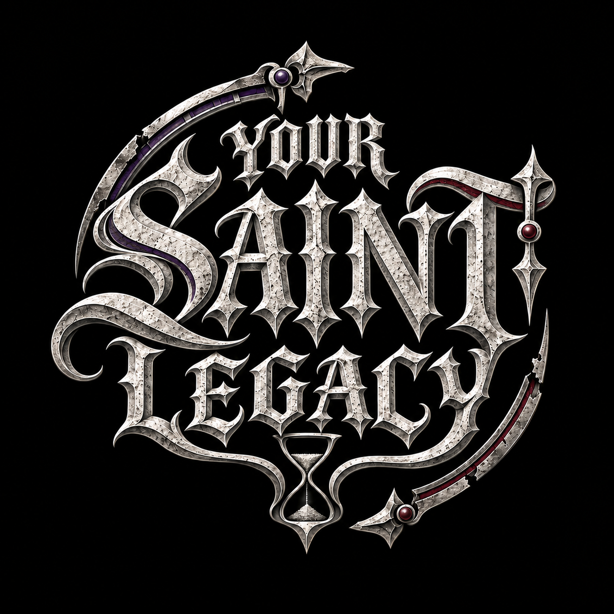 Your Saint Legacy silver gothic emblem with midnight purple and crimson accents
